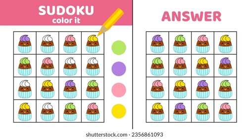 Sudoku. Chocolate cupcake. Coloring sudoku with cupcakes. Squishmallow. Cartoon, flat, vector, eps 10