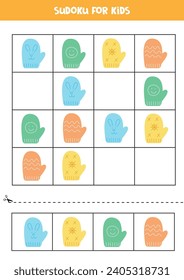 Sudoku with cute cartoon colorful mittens for preschool kids. Educational worksheet.