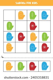 Sudoku with cute cartoon colorful mittens for preschool kids. Educational worksheet.