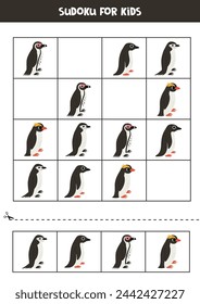 Sudoku with cute cartoon penguins for preschool kids. Educational worksheet.