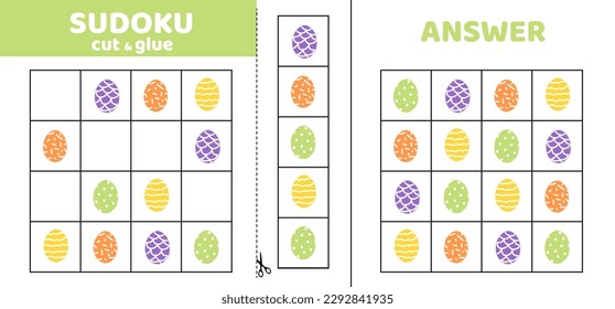 Sudoku mit Ostereiern. Spielpuzzle für Kinder. Schneiden und Kleben. Cartoon, flach, Vektorgrafik, eps10