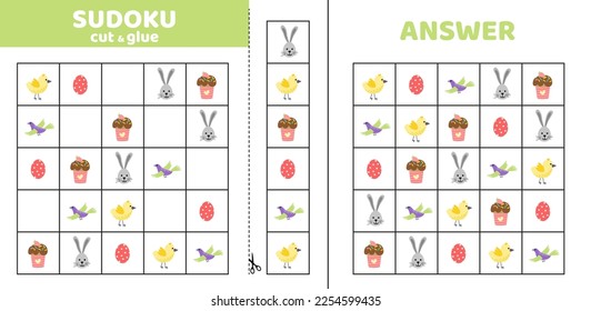 Sudoku with easter objects. Game puzzle for kids. Cut and glue. Cartoon, flat, vector, eps 10