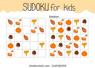 Sudoku educational game or leisure activity worksheet vector illustration, printable grid to fill in missing images, autumn topical vocabulary, puzzle with its solution, teachers resources