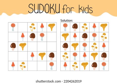 Sudoku educational game or leisure activity worksheet vector illustration, printable grid to fill in missing images, autumn Thanksgiving topical vocabulary, puzzle with its solution, teacher resources