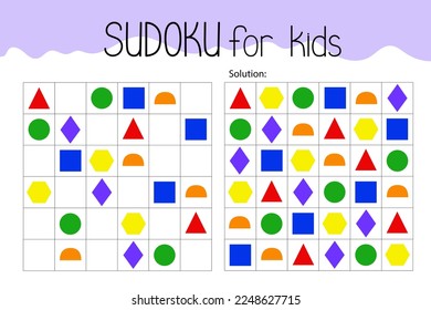 Sudoku juego educativo o trabajo de ocio hoja de cálculo ilustración vectorial, cuadrícula imprimible para llenar imágenes faltantes, geometría de color del vocabulario tópico, rompecabezas con su solución, recursos del profesor