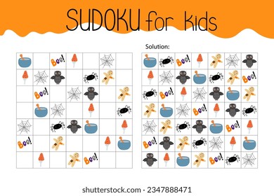 Sudoku educational game or leisure activity worksheet vector illustration, printable grid to fill in missing images, Halloween topical vocabulary, puzzle with its solution, teachers resources