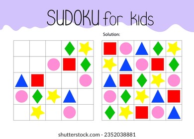 Sudoku educational game or leisure activity worksheet vector illustration, printable grid to fill in missing images, color geometry form topical vocabulary, puzzle with solution, teachers resources