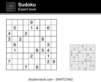 Sudoku. Expert level. Black and white, with solution. Sudoku icon.