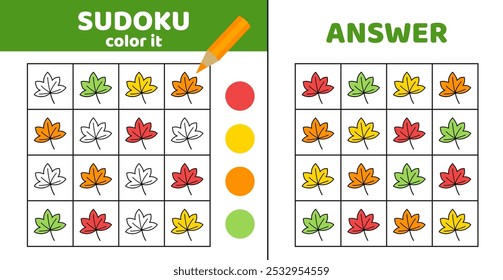 Sudoku with fallen leaves. Coloring sudoku with fallen leaves. Game for children. Cartoon, vector, eps 10