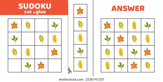 Sudoku with fallen leaves. Game puzzle for kids. Cut and glue. Cartoon, isolated, vector, eps 10