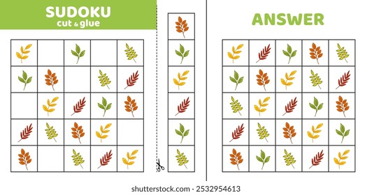 Sudoku con cinco ramas de otoño. Juego rompecabezas para niños. Cortar y pegar. Dibujos animados, aislado, Vector, eps 10