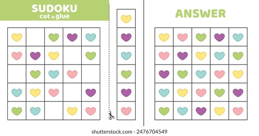 Sudoku with five colorful hearts. Game puzzle for kids. Heart. Cut and glue. Cartoon, isolated, vector, eps 10