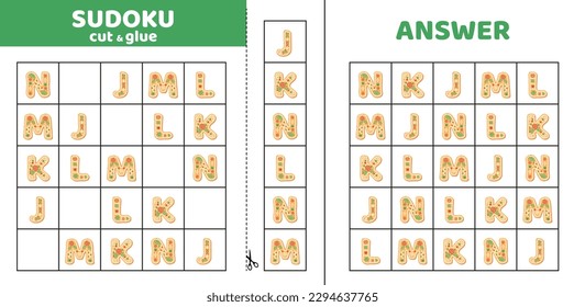 Sudoku with five cookie letters. J, K, L, M, N. Game puzzle for little kids. Cut and glue. Cartoon, flat, isolated, vector, eps 10