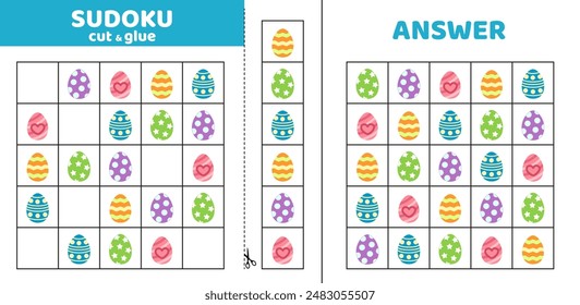 Sudoku with five Easter eggs. Game puzzle for kids. Cut and glue. Cartoon, isolated, vector, eps 10