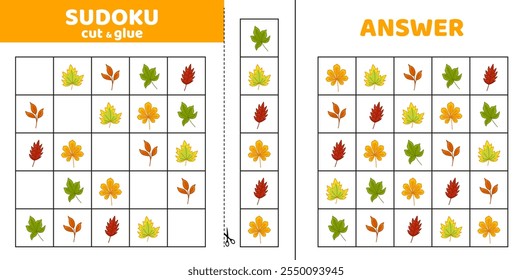 Sudoku with five leaves. Game puzzle for kids. Cut and glue. Cartoon, isolated, vector, eps 10