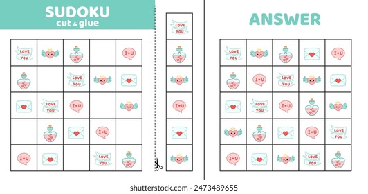 Sudoku mit fünf Valentinstag-Elementen. Spiel Puzzle für Kinder. Mails. Schneiden und kleben. Cartoon, isoliert, Vektorgrafik, eps 10