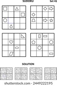 Sudoku - four picture puzzles for brain workout. Print and draw shapes to fill in the blanks. Suitable both for kids and adults. Answers included. Set 41.
