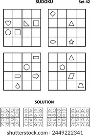 Sudoku - four picture puzzles for brain workout. Print and draw shapes to fill in the blanks. Suitable both for kids and adults. Answers included. Set 42.
