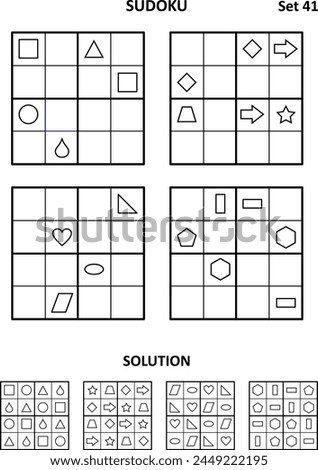 Sudoku - four picture puzzles for brain workout. Print and draw shapes to fill in the blanks. Suitable both for kids and adults. Answers included. Set 41.
