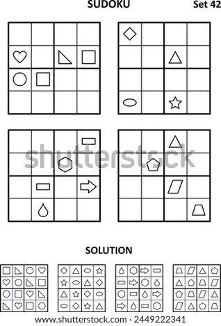 Sudoku - four picture puzzles for brain workout. Print and draw shapes to fill in the blanks. Suitable both for kids and adults. Answers included. Set 42.
