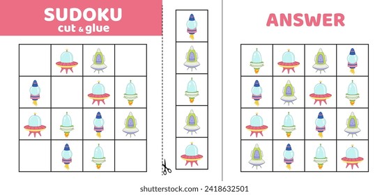 Sudoku with four spaceship and flying saucer. Game puzzle for little kids. Cut and glue. Cartoon, isolated, vector, eps 10