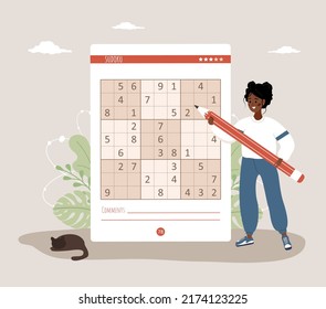 Sudoku game. African woman with giant pencil solves crossword puzzle. Learning and leisure concept. Task for development of logical thinking and training brain. Vector illustration in cartoon style.