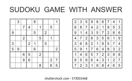 Sudoku game with answer. Vector puzzle game with numbers for kids and adults. Illustration on white background.