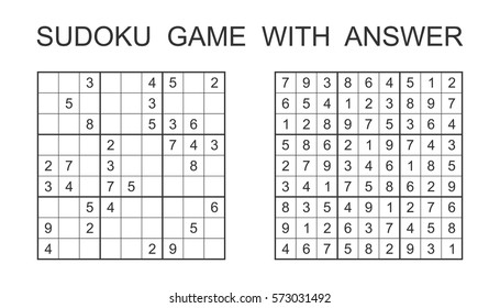Sudoku game with answer. Vector puzzle game with numbers for kids and adults. Illustration on white background.