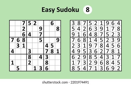 Sudoku game with answers. Easy complexity. Simple vector design set Sudoku.
