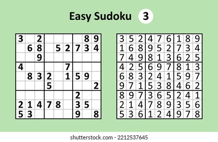 Sudoku game with answers. Easy complexity. Simple vector design set Sudoku.