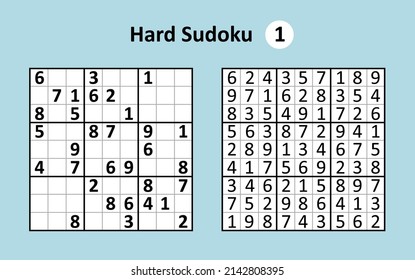 Sudoku game with answers. Hard complexity. Simple vector design set Sudoku.