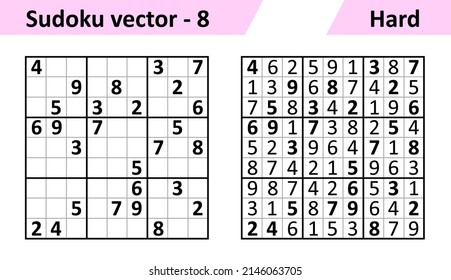 Sudoku juego con respuestas. Complejidad difícil. Diseño vectorial simple conjunto Sudoku.