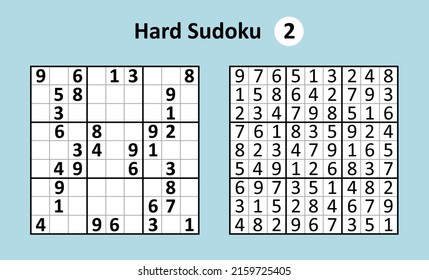 Sudoku game with answers. Hard complexity. Simple vector design set Sudoku.