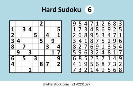 Sudoku game with answers. Hard complexity. Simple vector design set Sudoku.