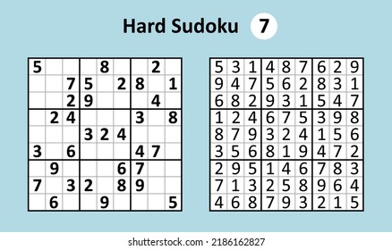 Sudoku game with answers. Hard complexity. Simple vector design set Sudoku.