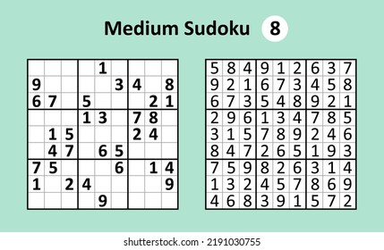 Sudoku game with answers. Medium complexity. Simple vector design set Sudoku.