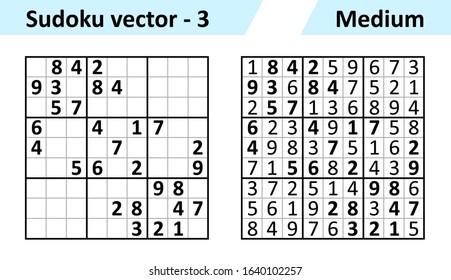 Sudoku game with answers. Simple vector design set Sudoku. Blank template. Complexity of the task is medium.