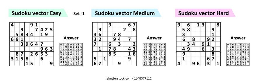 Sudoku game with answers. Simple vector design set Sudoku. Blank template. 