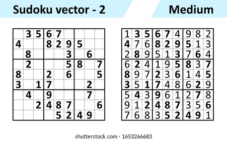 Sudoku Spiel mit Antworten. Einfache Vektorillustration Design Set Sudoku. Leere Vorlage. Die Komplexität der Aufgabe ist mittelschwer.
