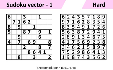 Sudoku game with answers. Simple vector design set Sudoku. Blank template. Complexity of the task is hard.
