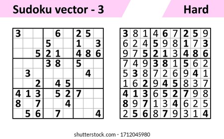 Juego Sudoku con respuestas. Diseño simple vectorial conjunto Sudoku. Plantilla en blanco. La complejidad de la tarea es difícil.