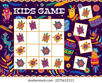 Sudoku game. Brazilian and mexican turtles and animals worksheet. Kids logical game, puzzle or vector quiz with ornate parrots birds, Brazil wildlife lizard, musical instruments and colorful ornaments