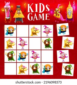 Sudoku game of cartoon fast food mage and wizard characters with magic wands. Kids puzzle vector worksheet of logic block game with funny personages of burger, pizza, donut, popcorn and pie