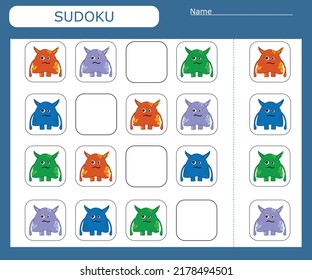 Sudoku game for children with  colorful  monsters. Kids activity sheet . 