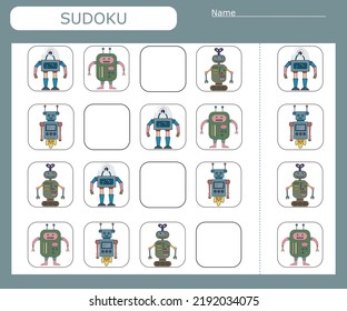 Sudoku game for children with  colorful robots. Kids activity sheet . 