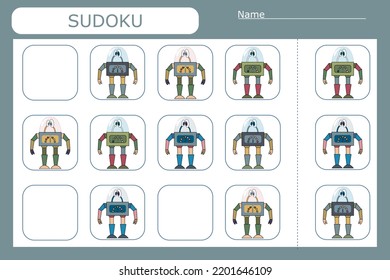 Sudoku game for children with  colorful robots. Kids activity sheet . 