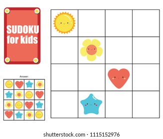 Sudoku game for children with cute shapes. Kids activity sheet. Training logic, educational game