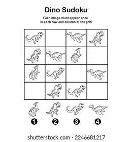 Sudoku game for children with dinosaurs. Kids activity coloring sheet. Preschool game.