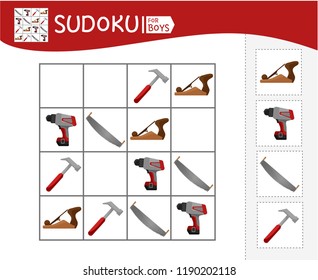Sudoku game for children with pictures. Kids activity sheet. Cartoon tools.