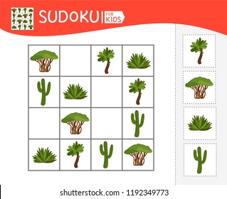 Sudoku game for children with pictures. Kids activity sheet.  Cartoon plants.